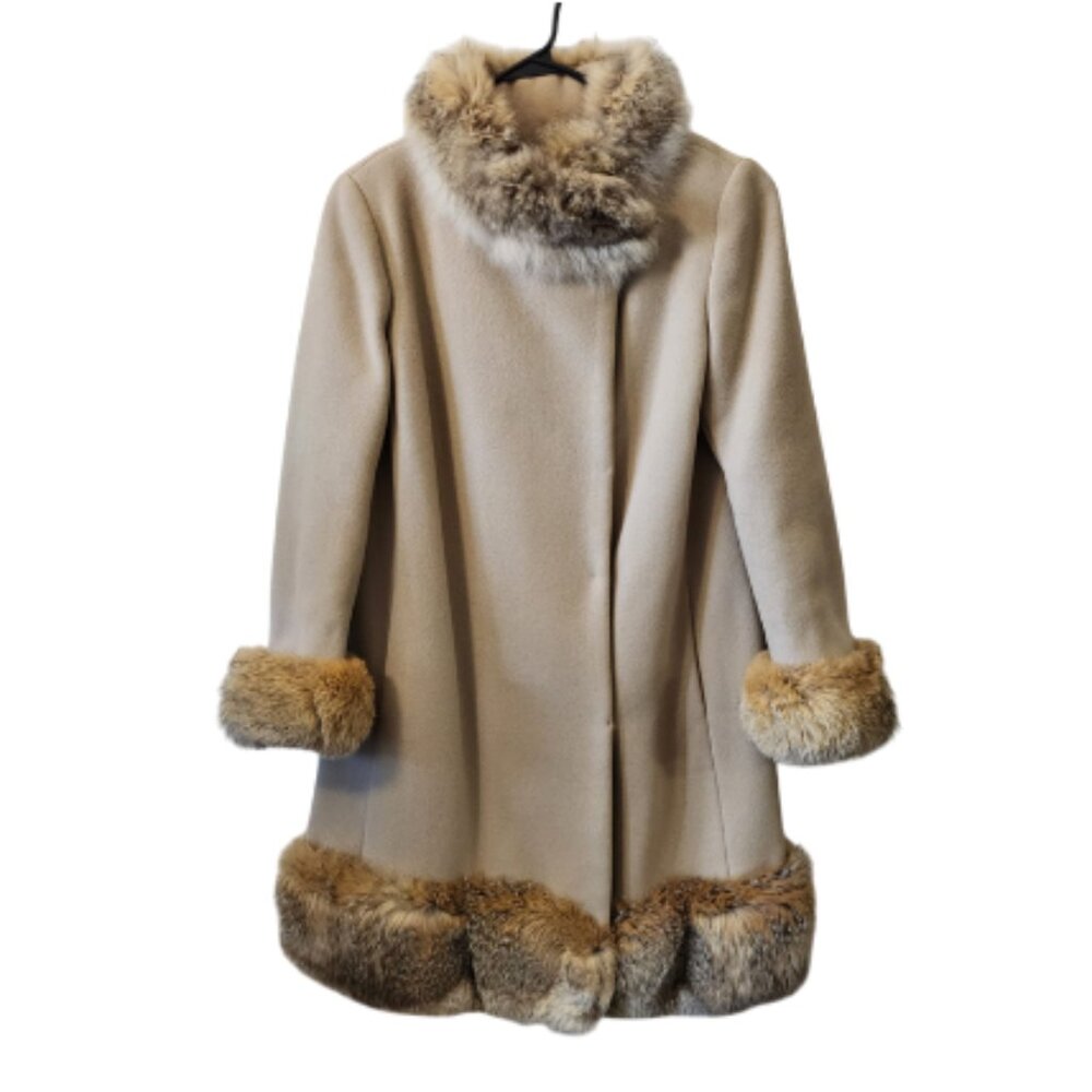 Vintage Cuddle Coat Beige Wool Coat with Faux Fur Trim Size M